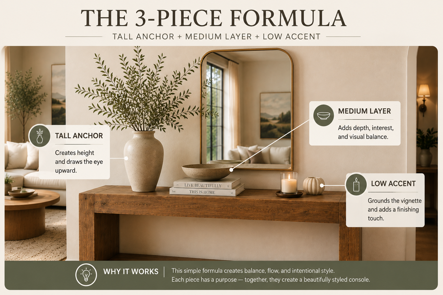 Infographic titled The 3-Piece Formula, Tall Anchor plus Medium Layer plus Low Accent showing a styled console table with labeled callouts pointing to a vase of branches, a stack of books with a bowl, and a candle, plus a Why It Works summary band