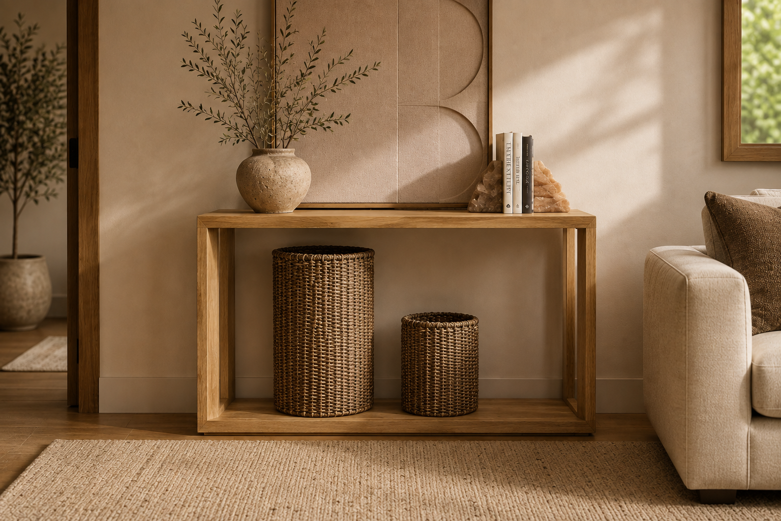Casa console table styled in a lifestyle setting, showing its open rectangular box-frame silhouette