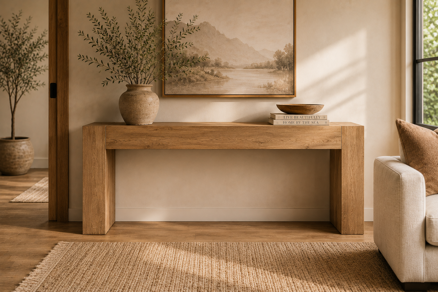 Brissy rustic lodge console table styled in a lifestyle setting, showing its thick waterfall-style legs and reclaimed oak finish