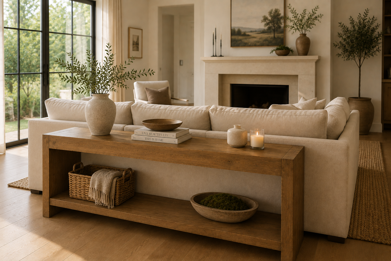 Wide living room shot of a slim wood console table positioned behind a large cream sectional, showing the console sitting at an appropriate height with open space around the seating area, near a fireplace and windows