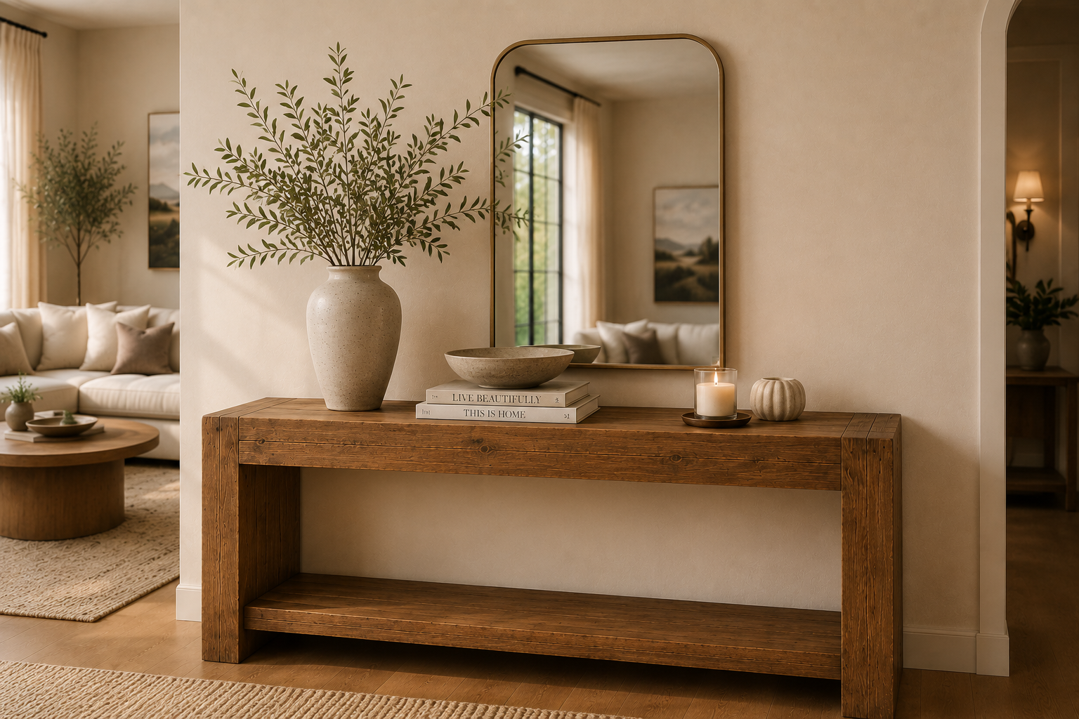 Console table styled with a tall ceramic vase of branches, a stack of books topped with a decorative bowl, and a small glowing candle demonstrating the tall anchor, medium layer, and low accent styling formula