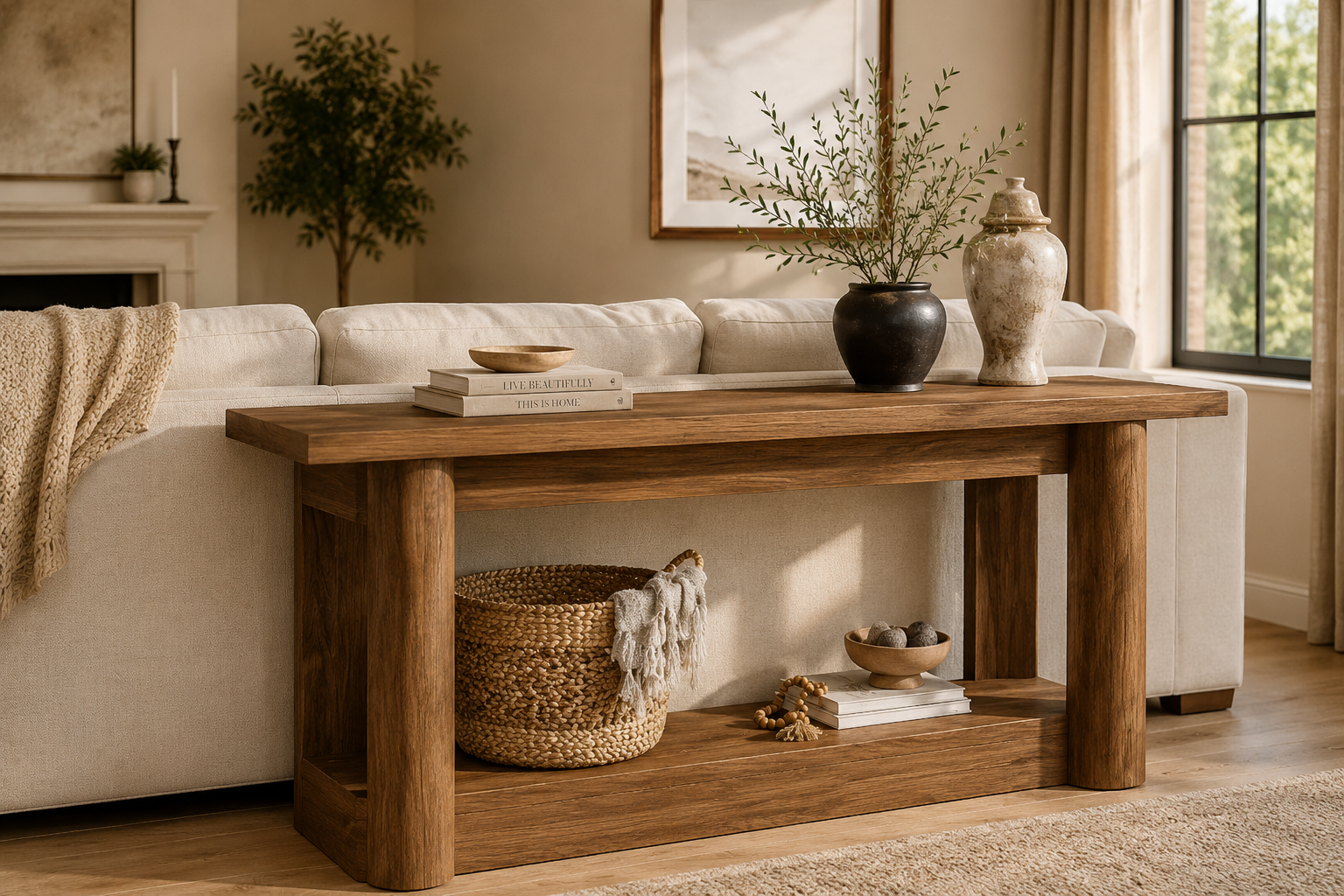 Lantine 2-tier console table styled in a lifestyle setting, showing its open-shelf silhouette and curved legs