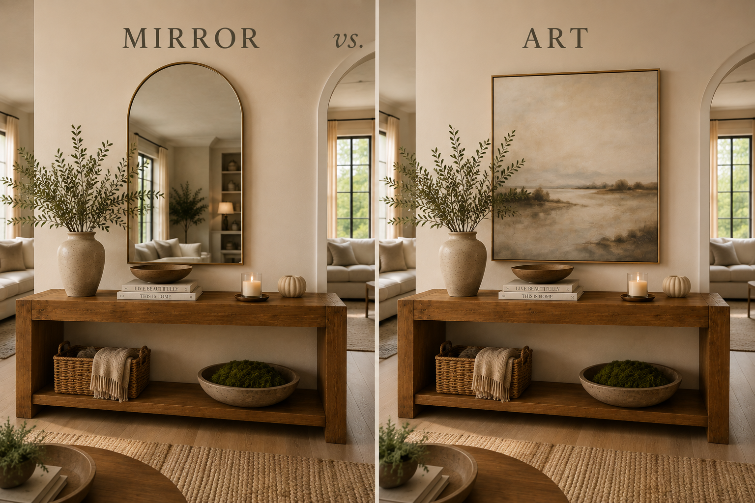 Side-by-side comparison of the same styled console table topped with a vase, bowl, books, and candle, with a simple arched mirror above it on the left labeled MIRROR, and a muted landscape painting above it on the right labeled ART