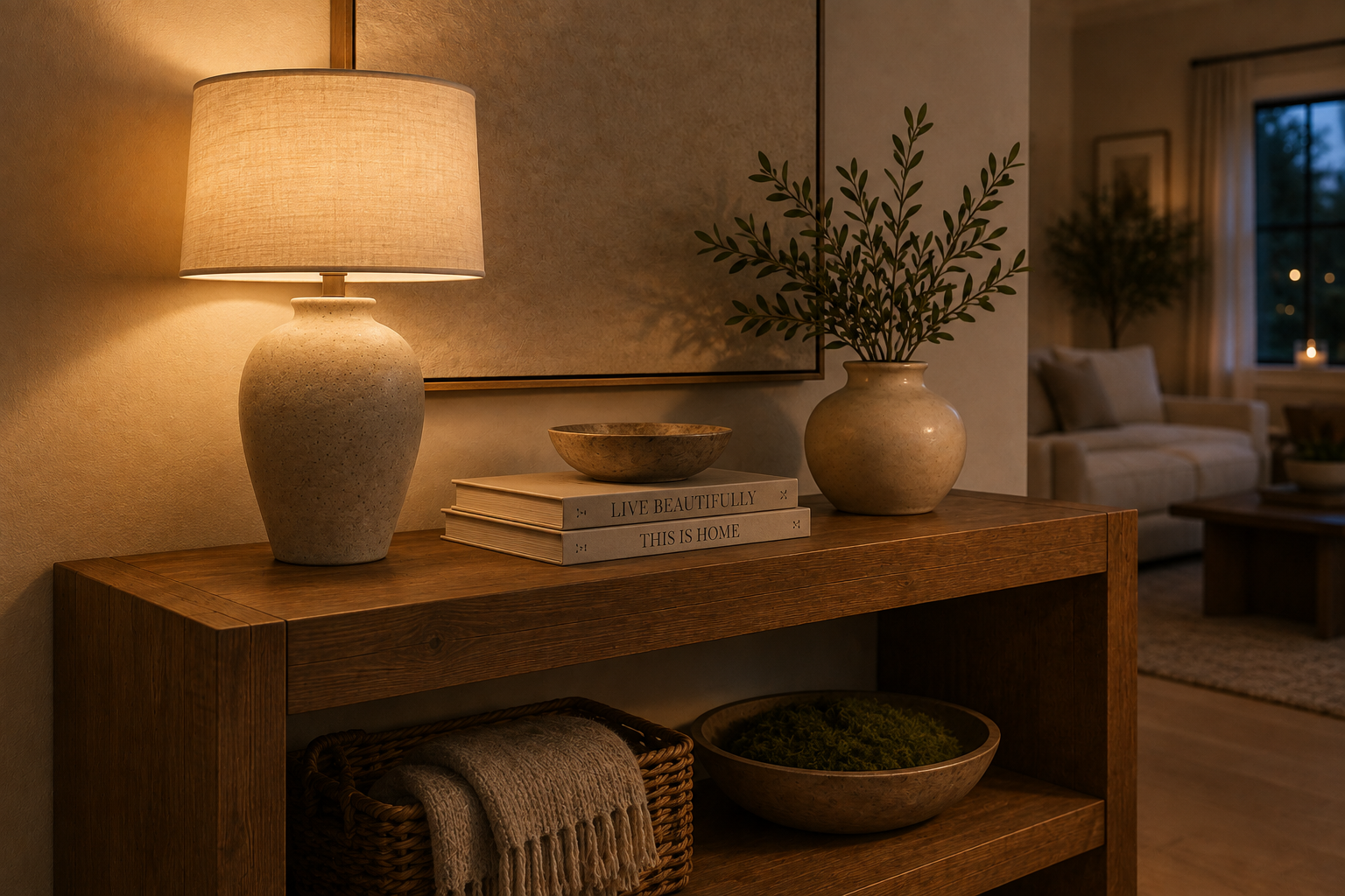 Close evening shot of a ceramic table lamp with a natural linen shade glowing warmly on a styled wood console, with soft light falling across books, a vase, and the wall behind, and a living room visible in the dusk-lit background