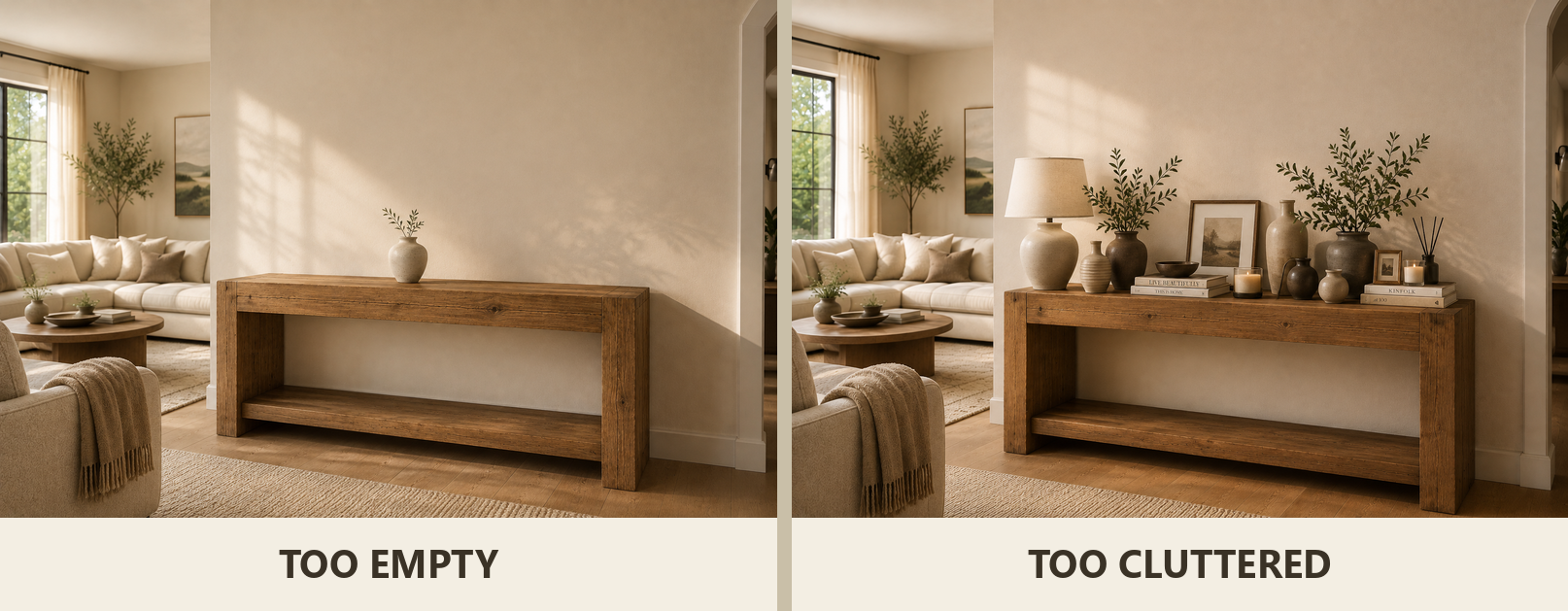 Side-by-side comparison of a too-empty console table with a single small vase and a too-cluttered console table crowded with many objects, labeled Too Empty and Too Cluttered