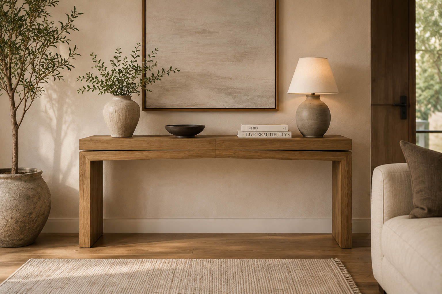 Matthes console table styled in a lifestyle setting, showing its offset waterfall top in a warm oak finish