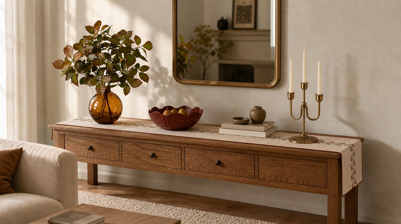 Console table styled with an amber glass vase holding a turning leaf arrangement, a red scalloped bowl, a cream stitched table runner, and a brass taper candelabra