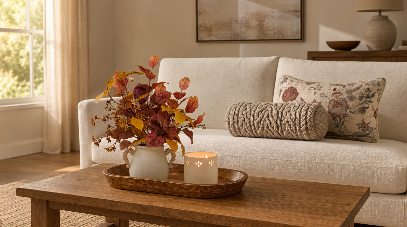 Close-up of a coffee table styled with a carved wood tray, a mixed fall leaf arrangement in a cream pitcher, and a lit perforated ceramic candle
