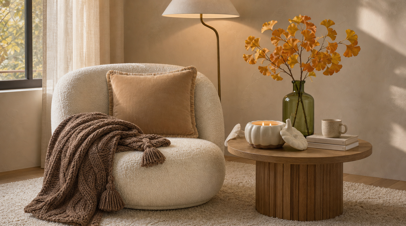Cozy reading corner with a boucle chair styled with a velvet fringe pillow and cable knit throw, next to a side table holding a green vase with yellow ginkgo stems and a lit Tuscan pumpkin candle