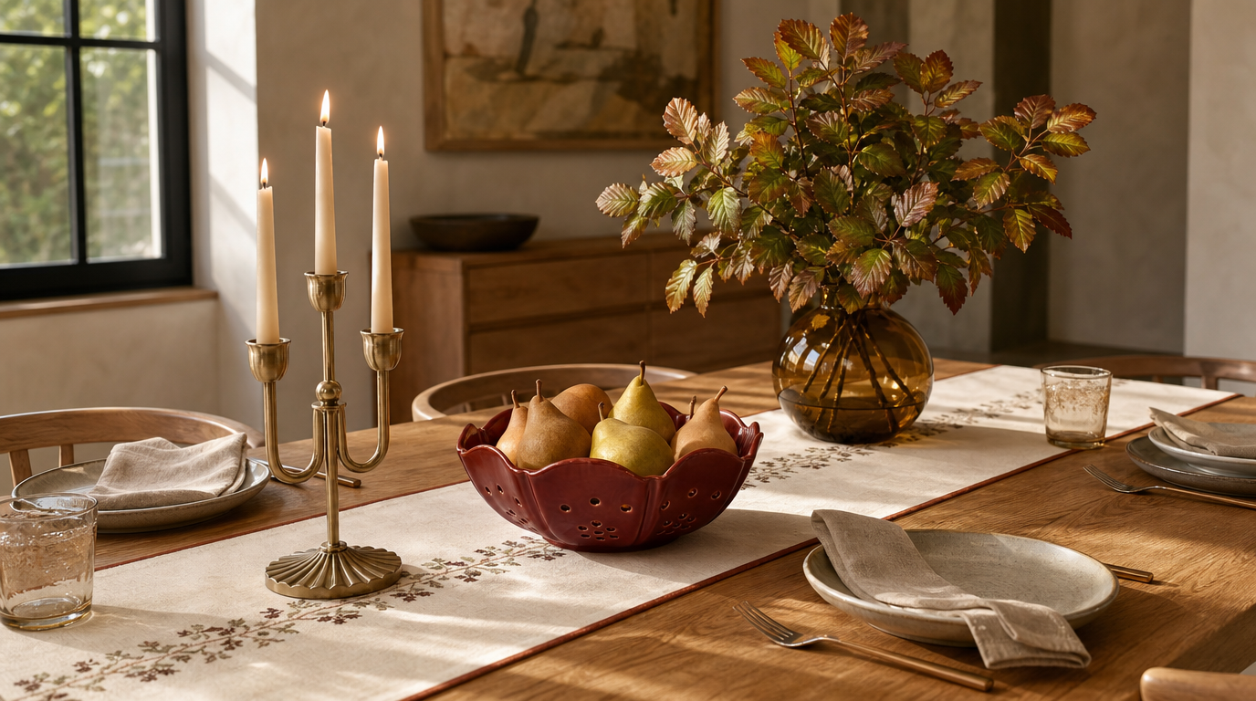 Dining table set for fall with a cream stitched table runner, a red scalloped bowl filled with pears, an amber glass vase with a turning leaf arrangement, and a lit brass taper candelabra