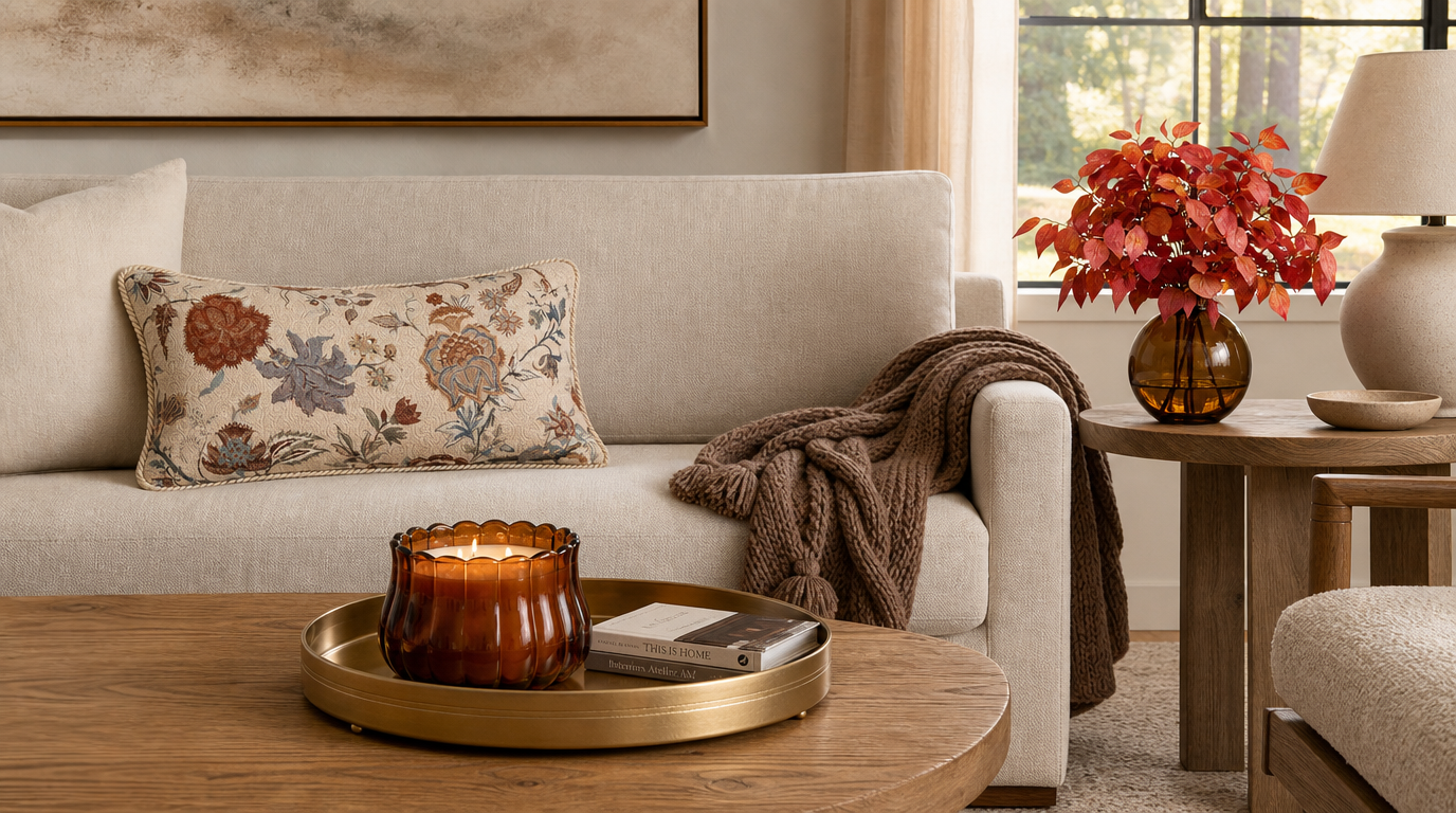 Wide living room shot of a cream sofa styled with a floral lumbar pillow, a cable knit throw, and a round coffee table with a lit scalloped amber candle on a brass tray