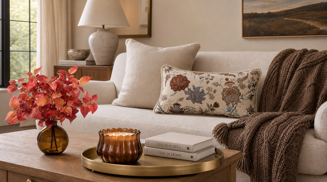 Close-up of a floral lumbar pillow and a chunky cable knit throw draped loosely over the arm of a cream sofa, with an amber vase of red dogwood stems nearby