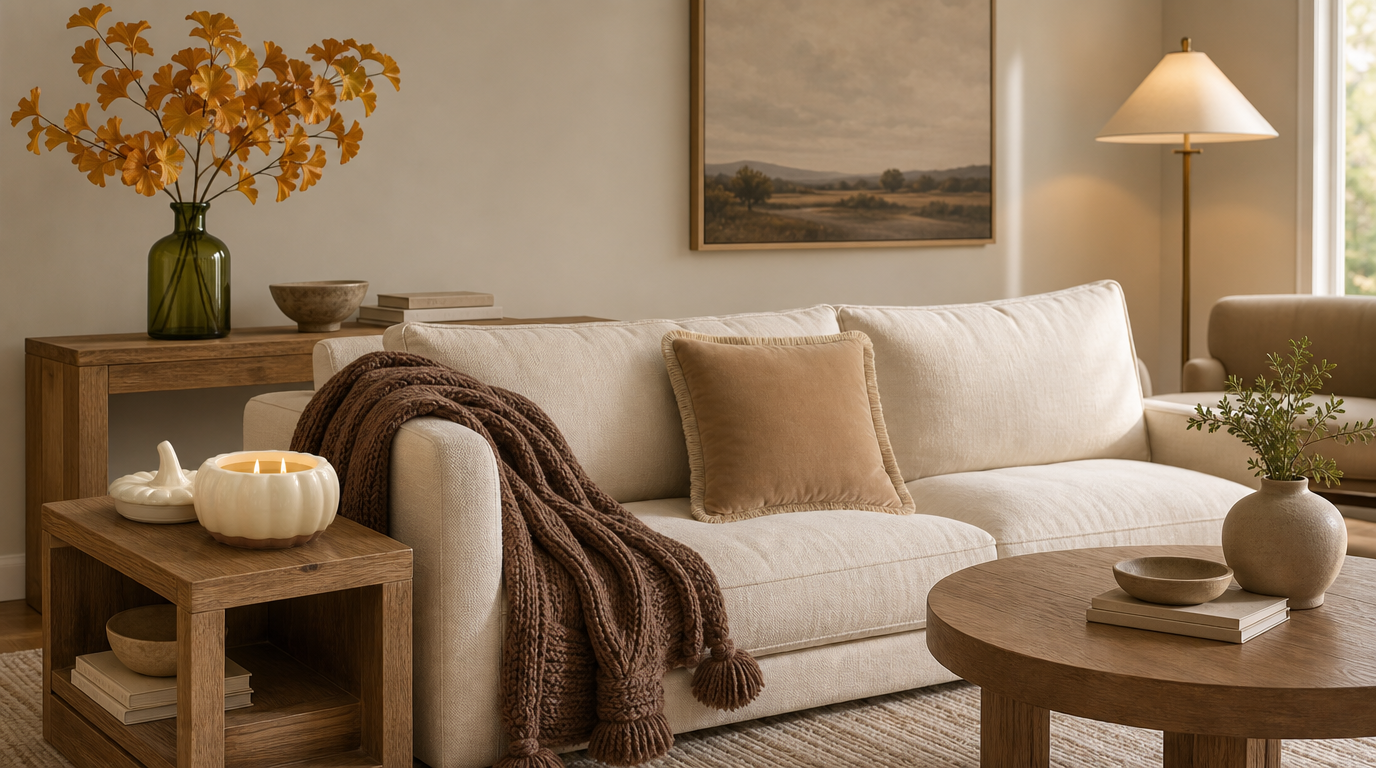 Living room console styled with a green glass vase of yellow ginkgo stems, a lit Tuscan pumpkin candle, and a brass taper candelabra, shown in full room context