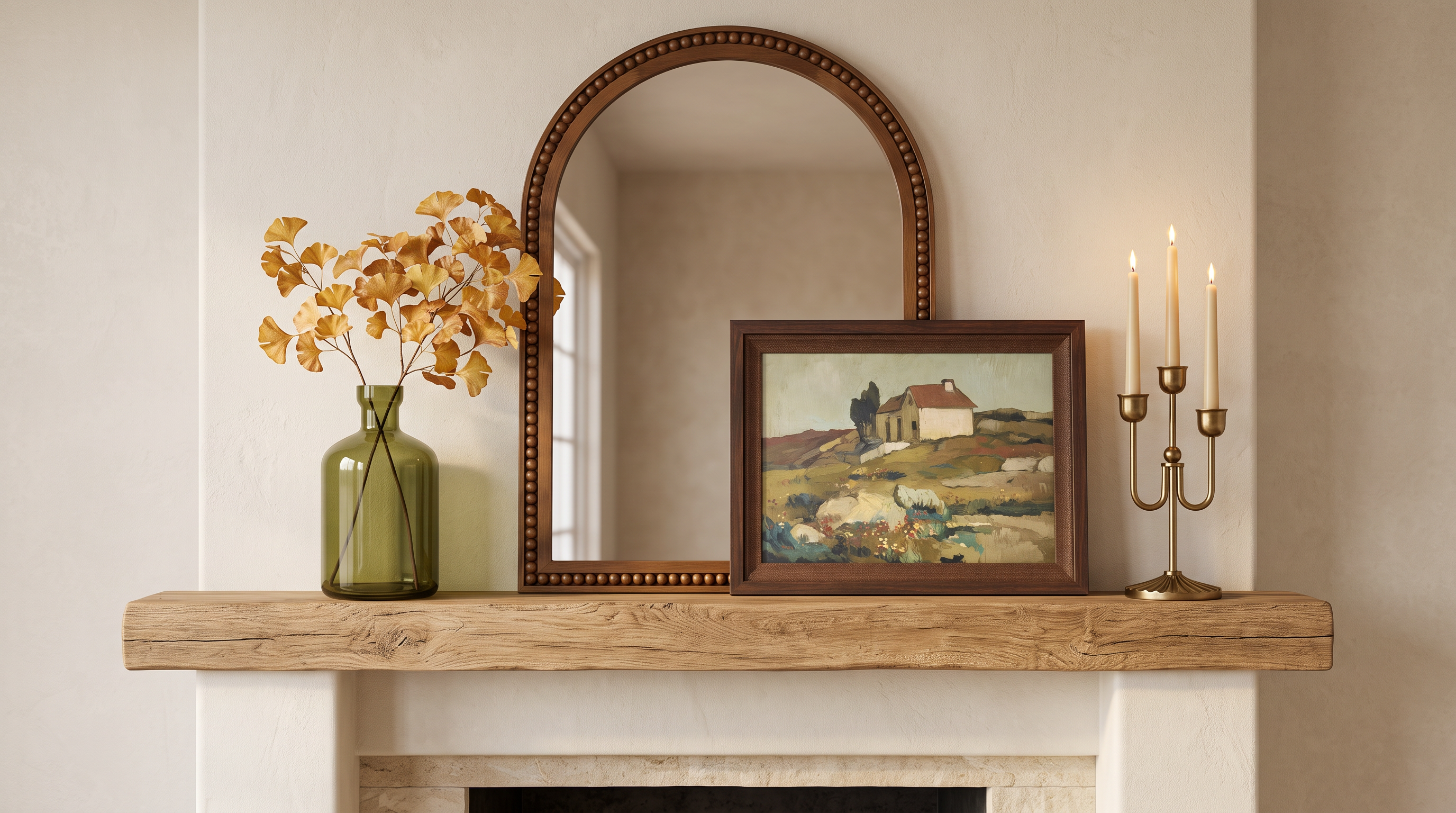 Wood mantel styled with an arched wall mirror in back, a green glass vase with yellow ginkgo stems, a small framed cottage landscape leaning in front of the mirror, and a lit brass taper candelabra on the opposite side