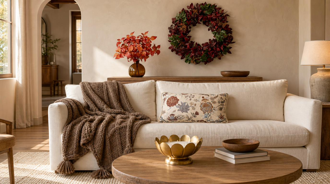 Cream sofa living room with a plum berry wreath hung above a console, an amber vase with red dogwood stems, a floral lumbar pillow, and a cable knit throw
