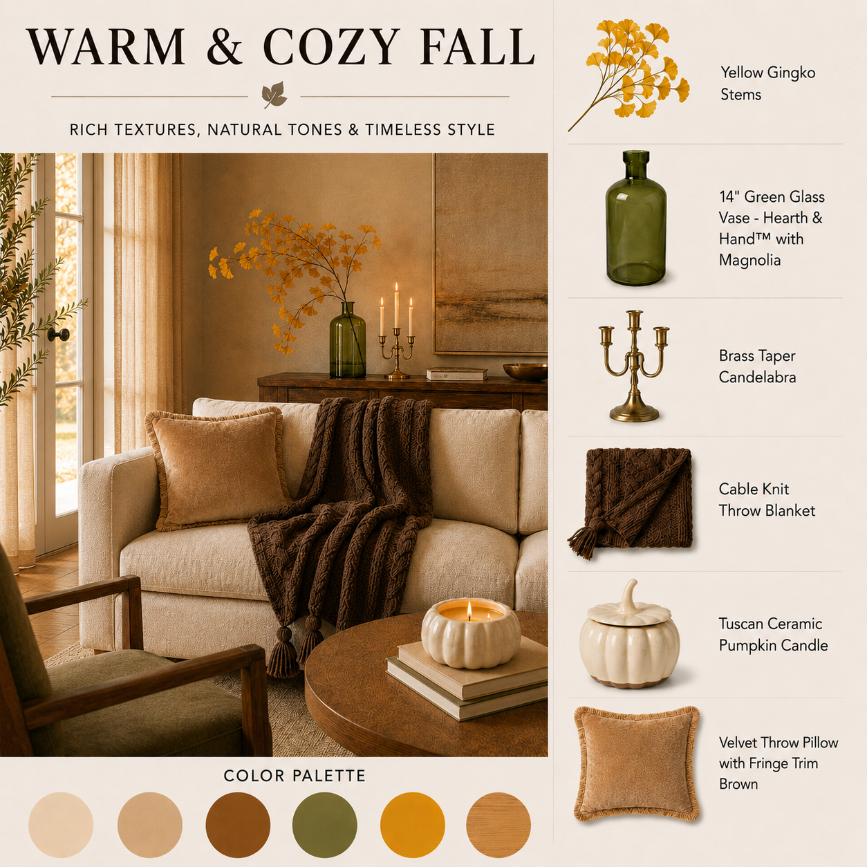 Warm and Cozy Fall mood board showing a living room console styled with yellow ginkgo stems in a green glass vase, a brass taper candelabra, a Tuscan ceramic pumpkin candle, a cable knit throw, and a velvet fringe pillow, with a labeled fall color palette