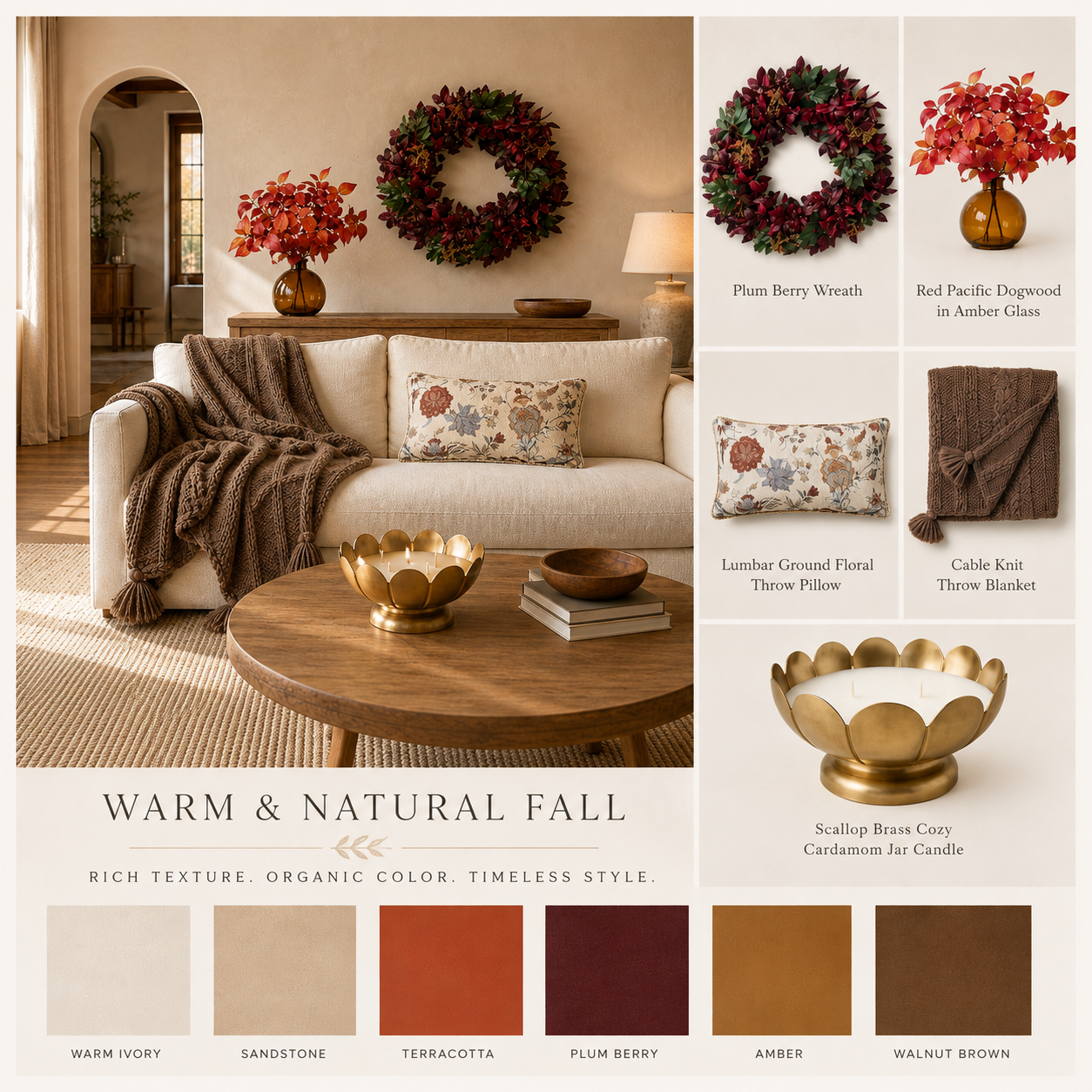 Warm and Natural Fall mood board showing a living room styled with a plum berry wreath, red pacific dogwood in amber glass, a floral lumbar pillow, a cable knit throw, and a scalloped brass jar candle, with a labeled fall color palette
