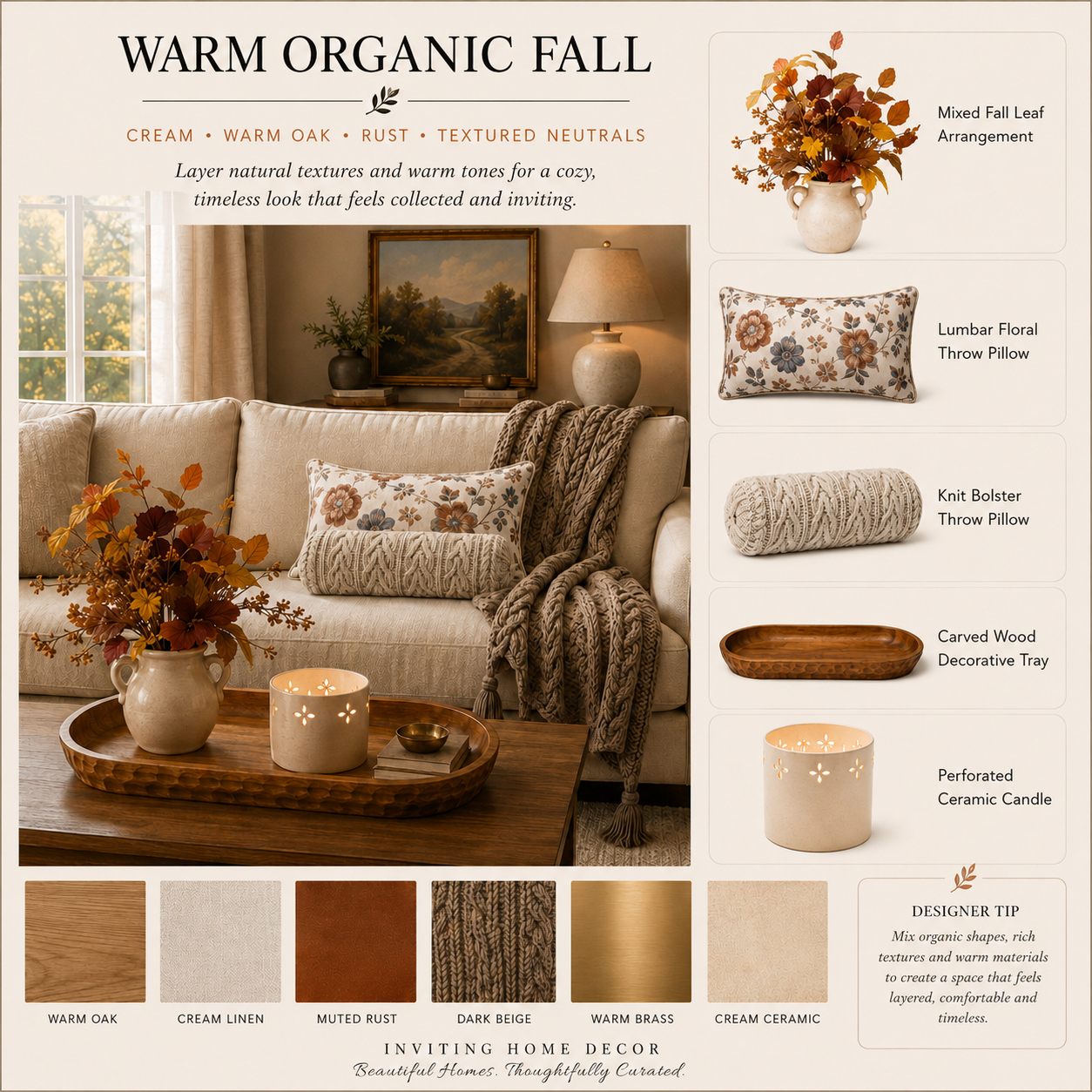 Warm Organic Fall mood board showing a coffee table styled with a mixed fall leaf arrangement, a floral lumbar pillow, a knit bolster pillow, a carved wood decorative tray, and a perforated ceramic candle, with a designer styling tip and labeled color palette