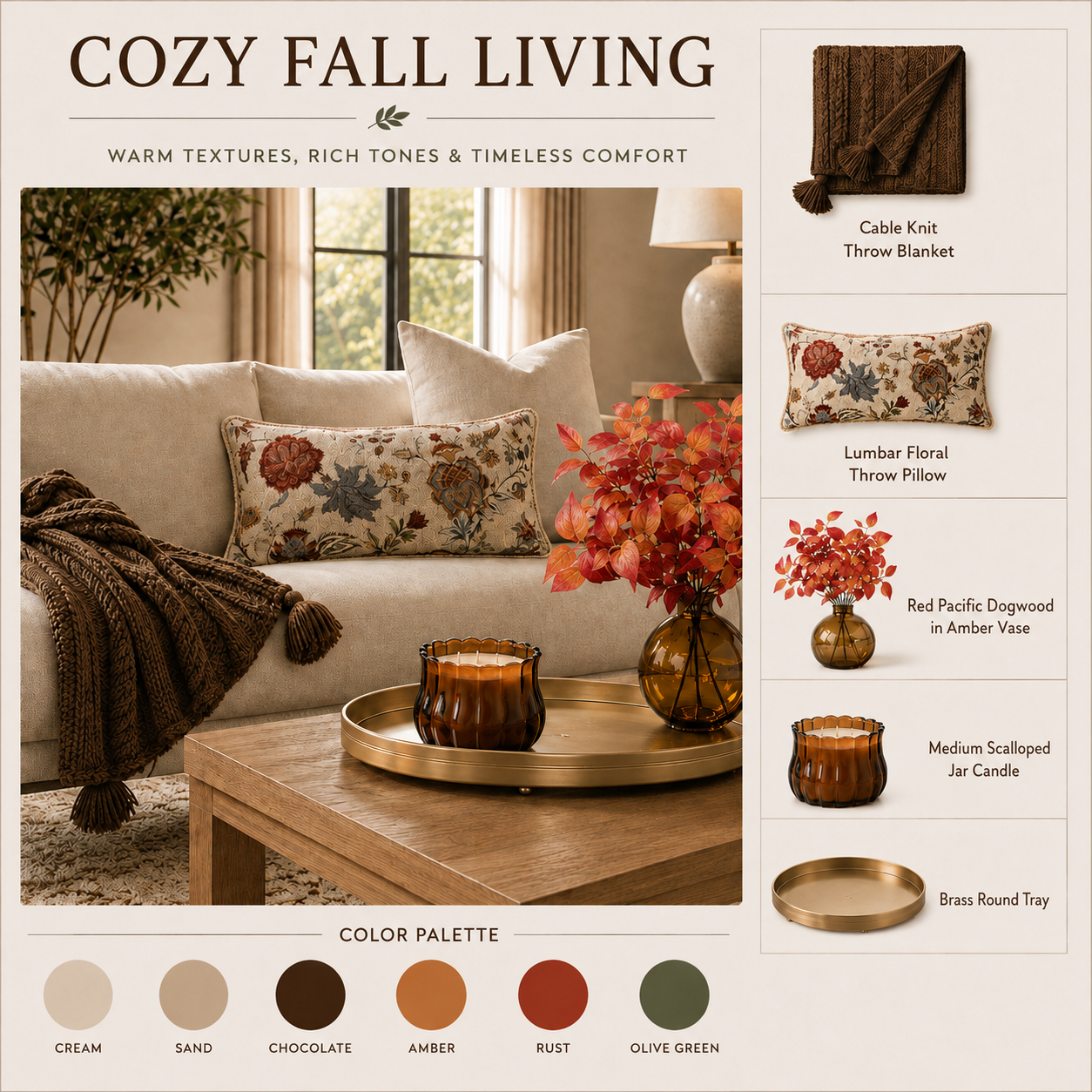 Cozy Fall Living mood board showing a cream sofa styled with a floral lumbar pillow and cable knit throw, a scalloped amber jar candle on a brass round tray, and red pacific dogwood in an amber vase, with a labeled fall color palette