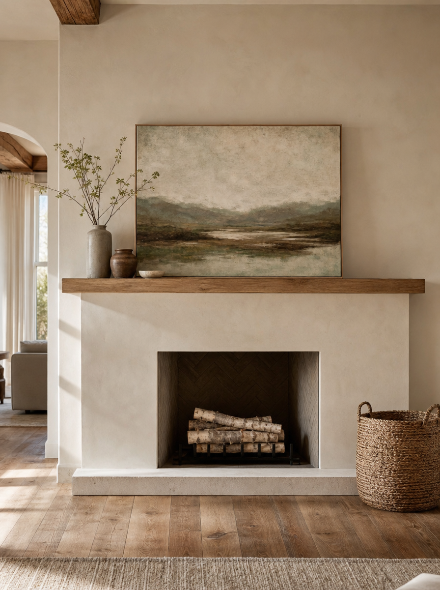 Dark walnut mantel with abstract art above, styled fireplace wall in warm neutrals