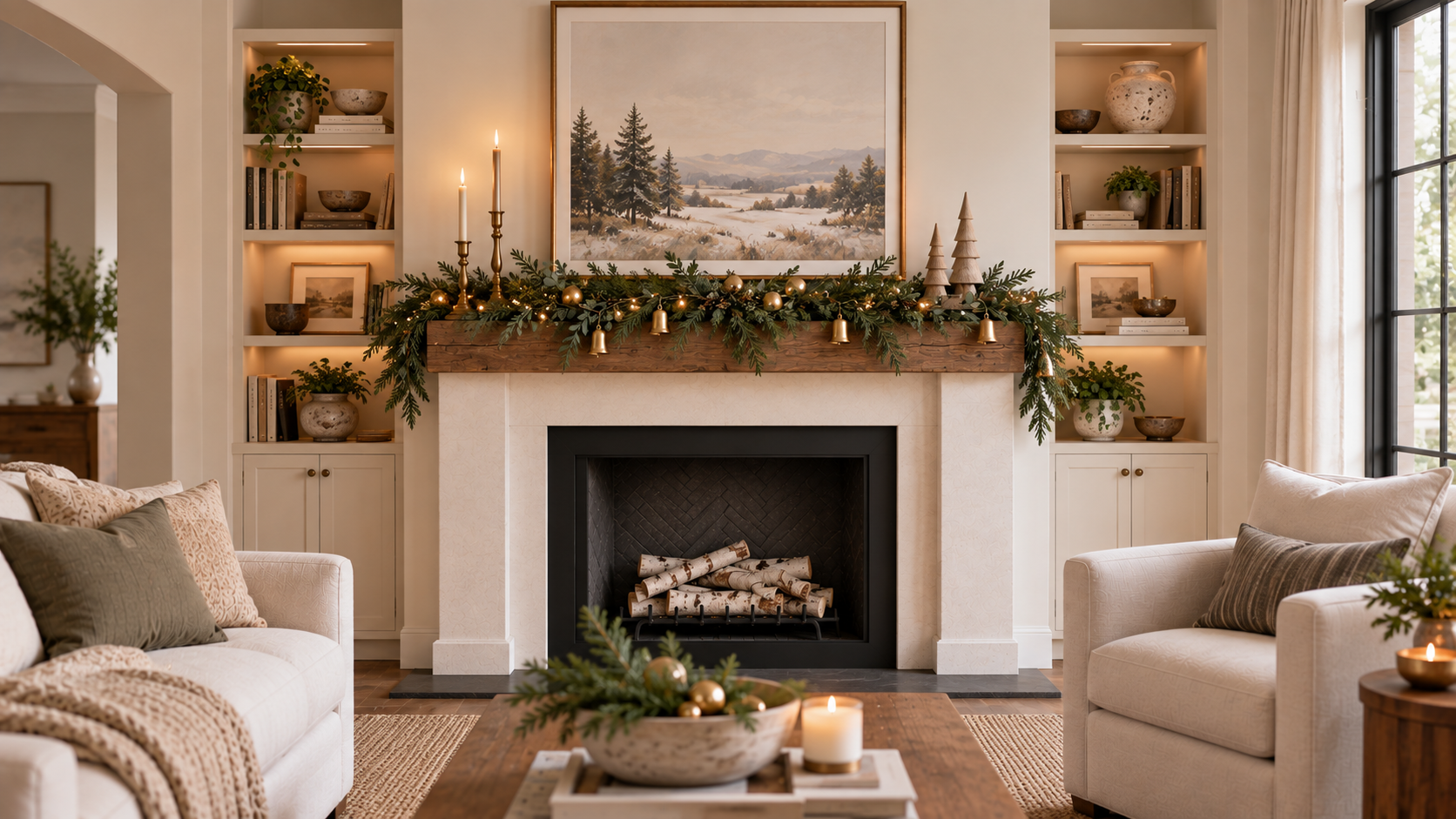 Christmas garland with gold bells and lit taper candles along a mantel, with the landscape artwork above it left uncovered
