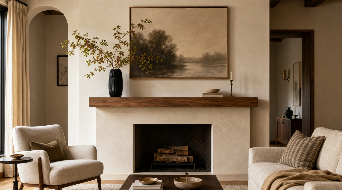 Mantel styled for autumn with warm-toned stems in a black cylinder vase
