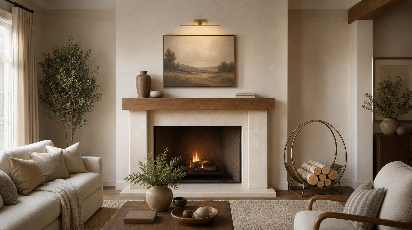 Picture light lit above framed art, with a round brass holder of birch logs at floor level