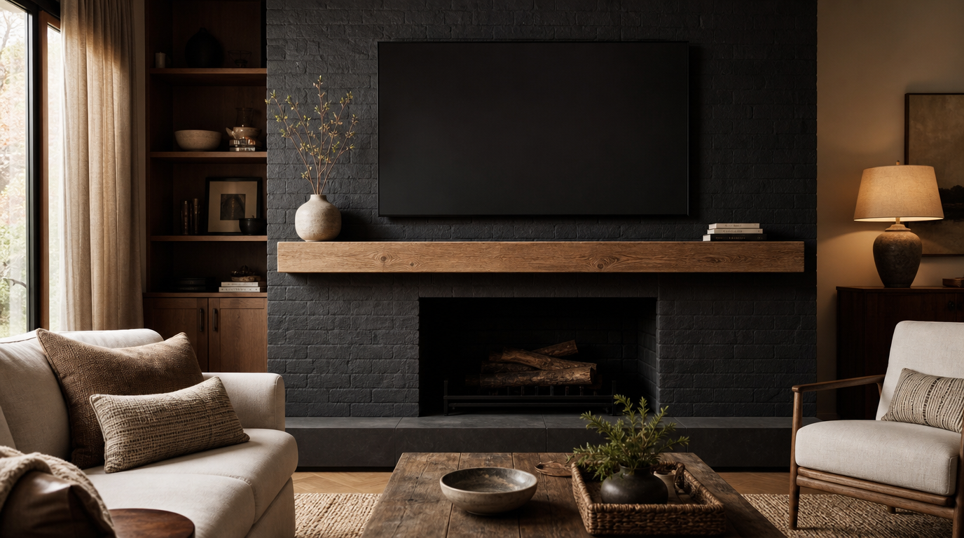 Near-black painted brick fireplace wall with the television screen off
