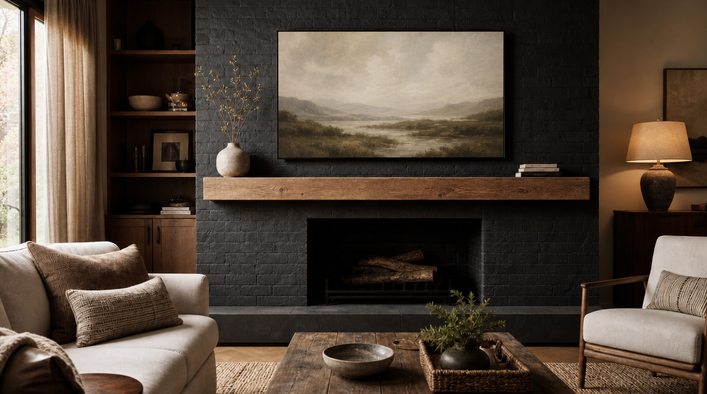 TV in art mode above a styled mantel, reading as framed artwork