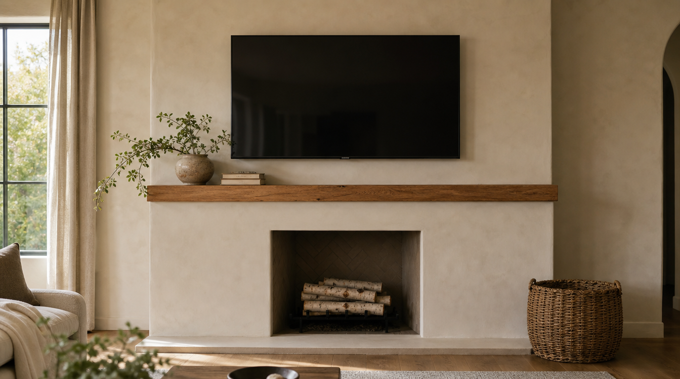 Mantel decor kept below the bottom edge of the television and weighted toward one end