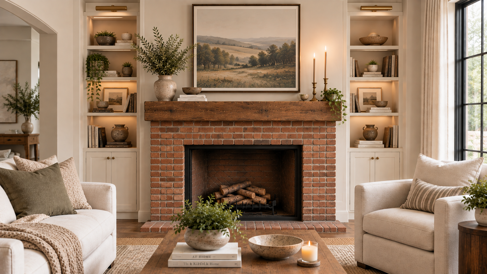 Fireplace with a red-orange brick surround and a wood beam mantel, with lit built-in shelves on either side