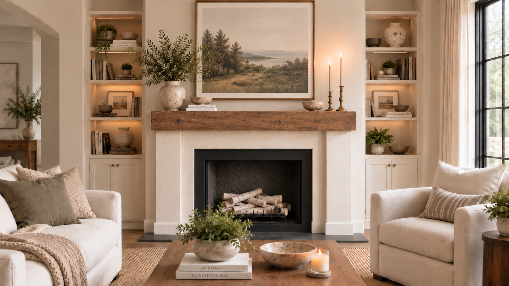 Fireplace with an unlit firebox styled with stacked logs and a stone vessel