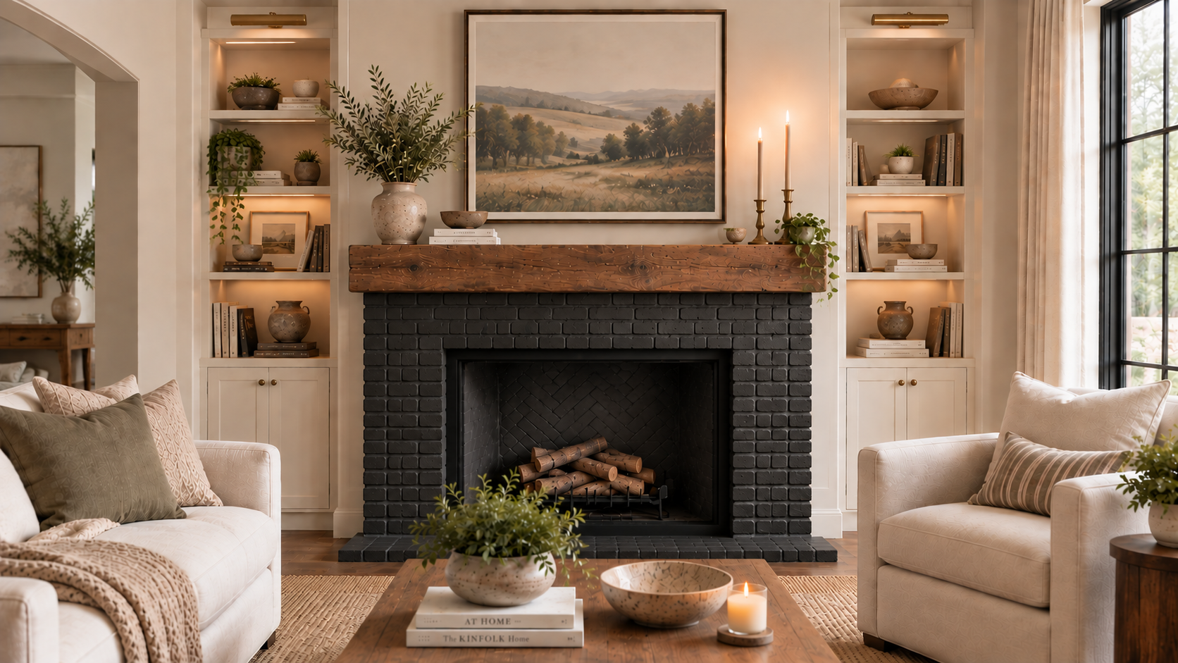The same brick fireplace painted a deep near-black