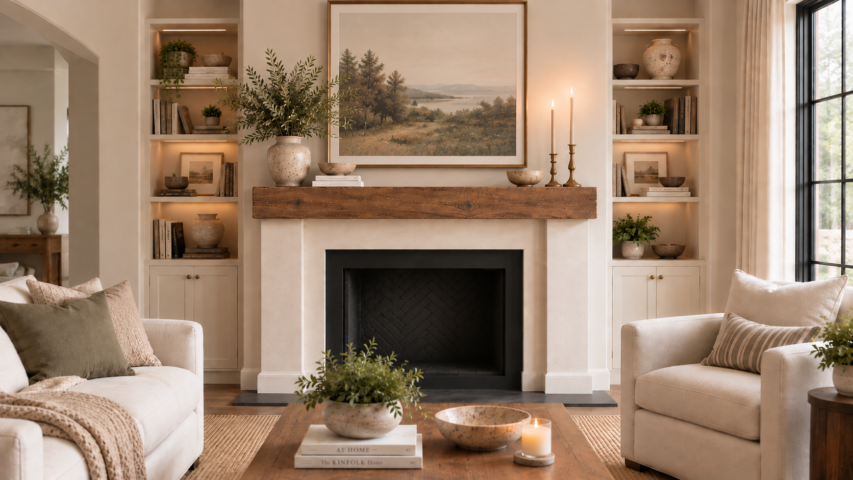 Fireplace with an empty dark firebox below a styled mantel