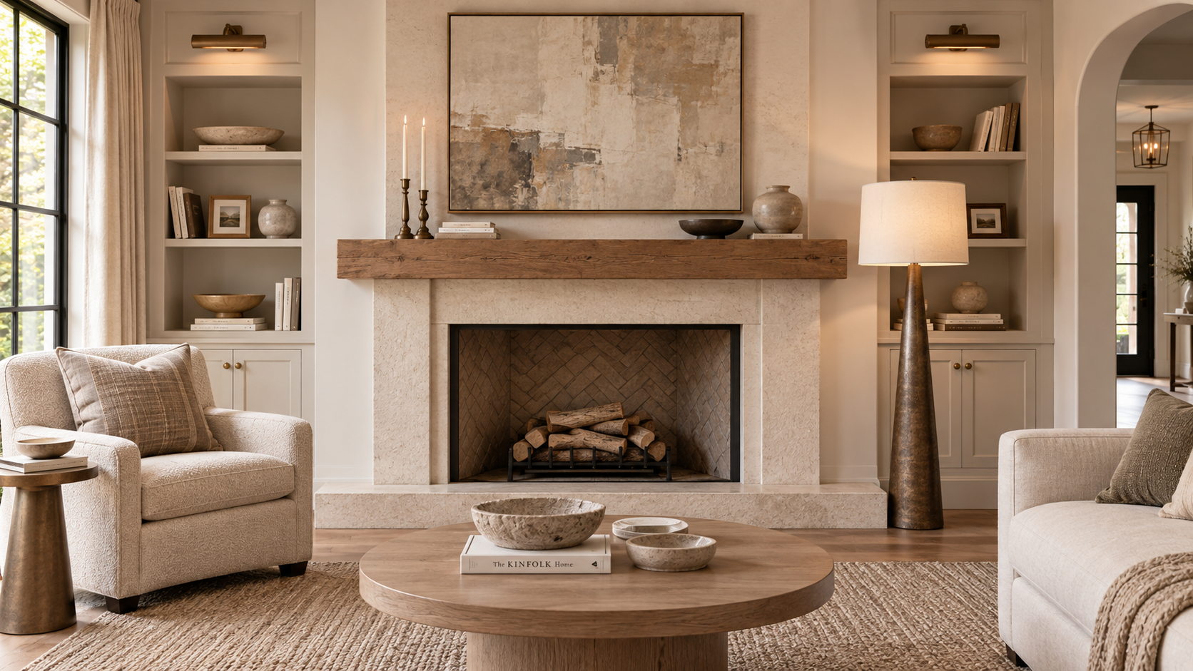 Fireplace wall with balanced but non-identical styling on either side