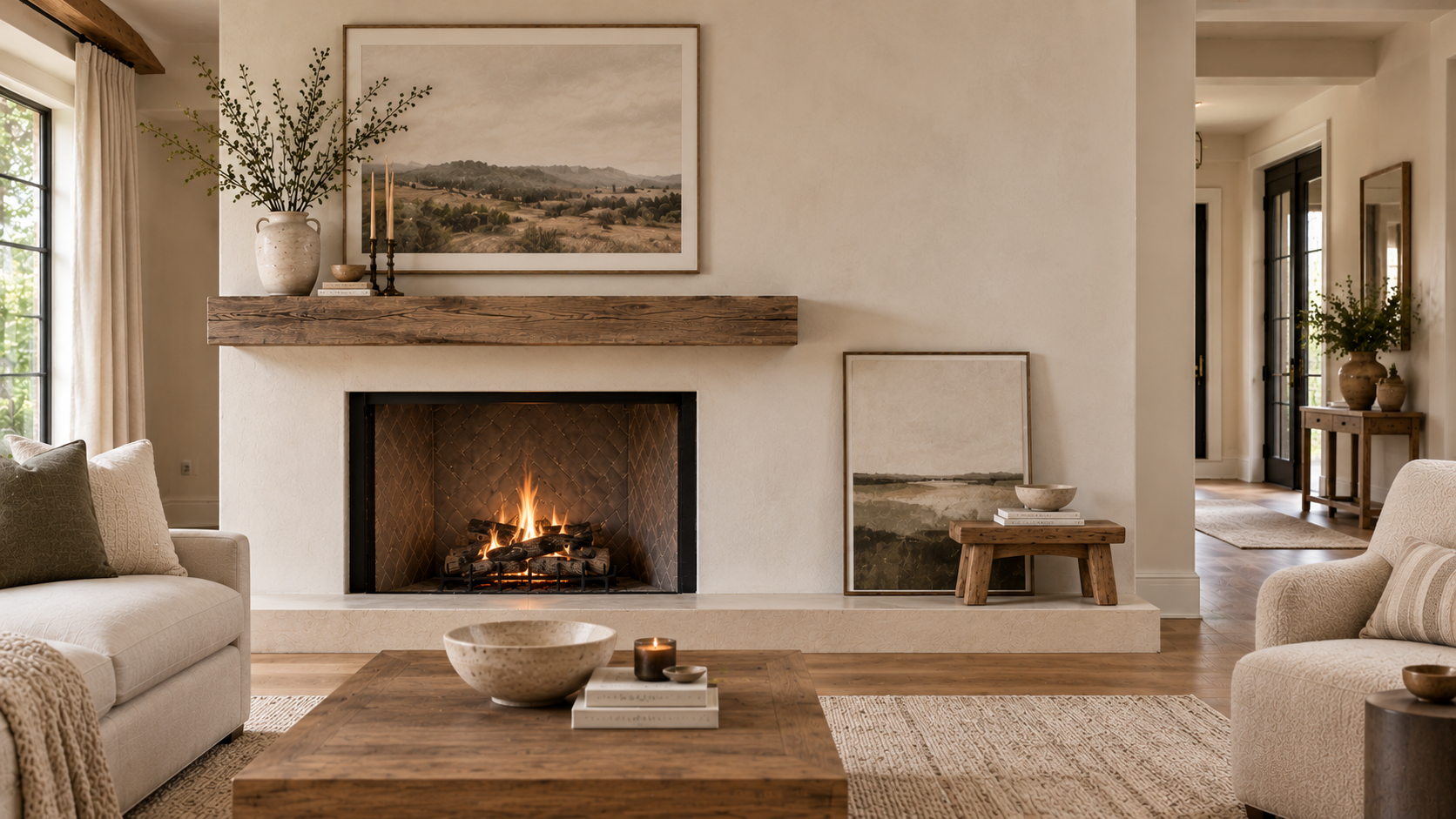 Off-centre fireplace with a lit fire, balanced by a large leaning artwork and a low wood stool on the wider side of the wall
