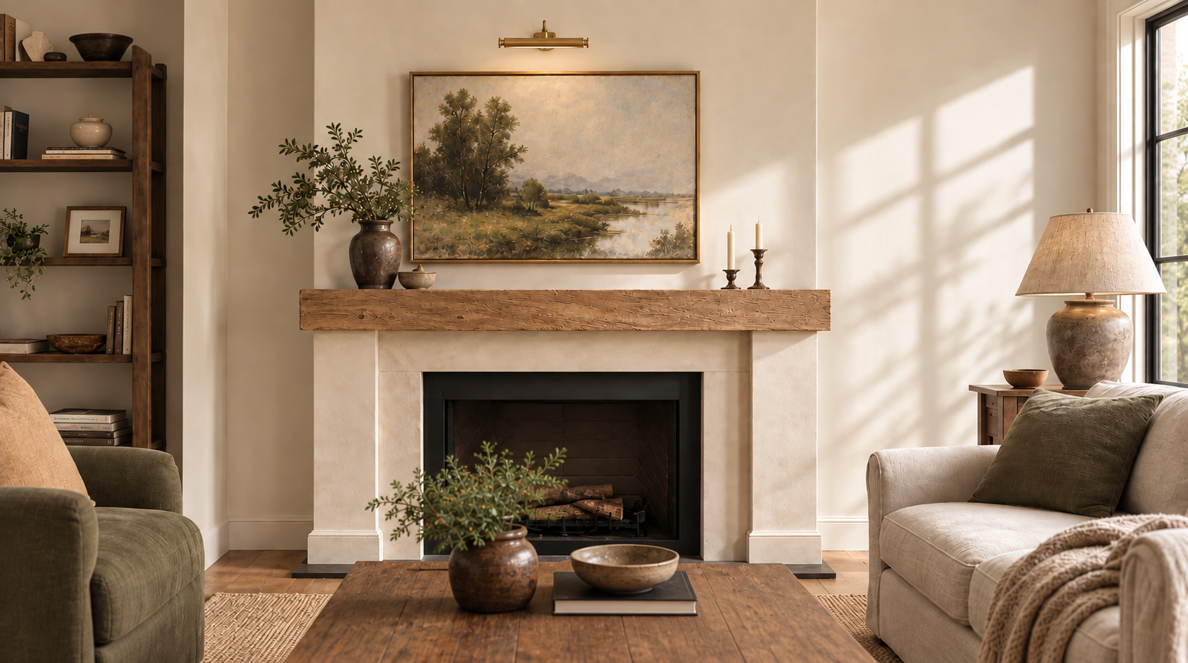 Fireplace wall in daylight, with window light raking across the plaster wall and the framed art
