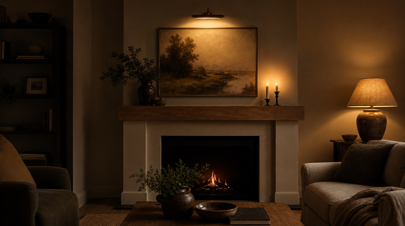 The same fireplace wall after dark, lit by a picture light above the art, two candles, a lit fire and a side lamp