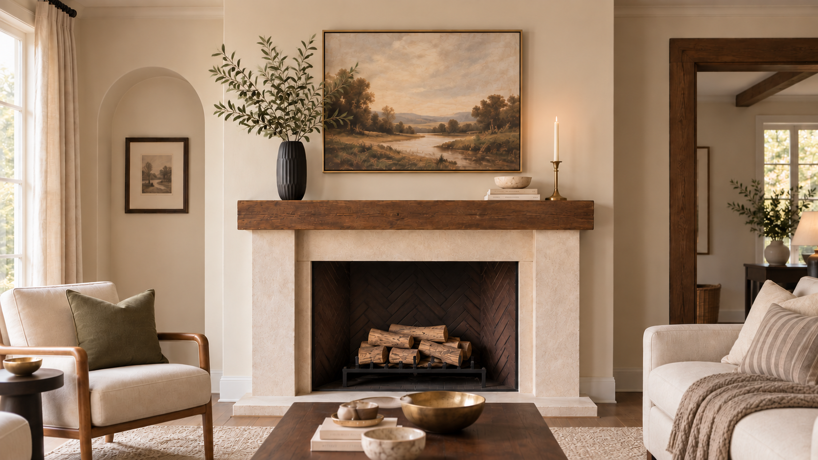 Mantel styled for everyday with a green olive stem in a black fluted vase