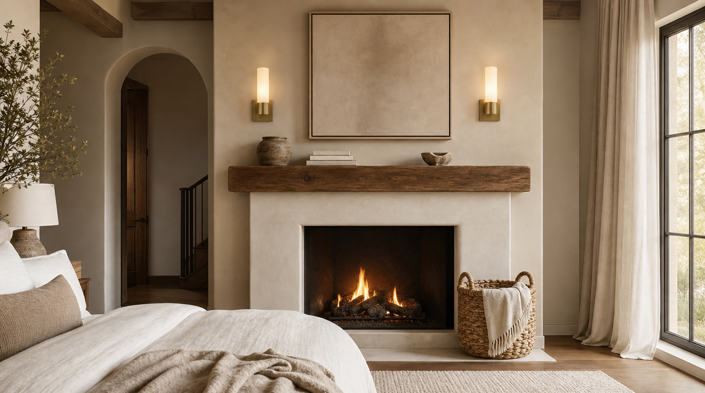 Two lit brass wall sconces with pale cylindrical shades hang on either side of a framed canvas above a dark wood beam mantel. A woven basket holding a folded throw sits on the hearth to the right, and a fire burns in the firebox.