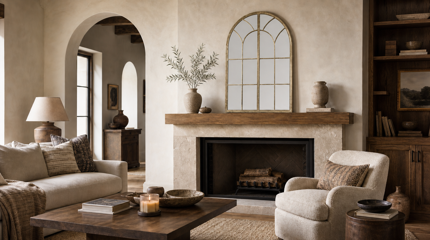 A slim arched mirror with a thin brass frame and windowpane glazing bars hangs above a dark wood beam mantel, spanning noticeably less than half the mantel's width. A ceramic vase of olive branches and a small stone urn sit on the shelf.