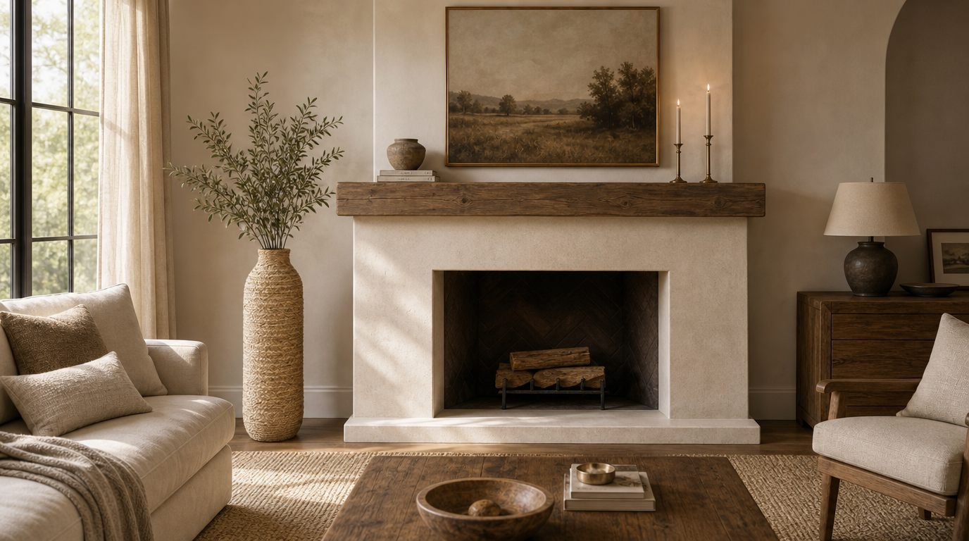 A tall woven floor vase holding olive branches stands on the floor to the left of a pale plaster fireplace, reaching roughly to the height of the mantel shelf. Logs sit on a low grate in the firebox.