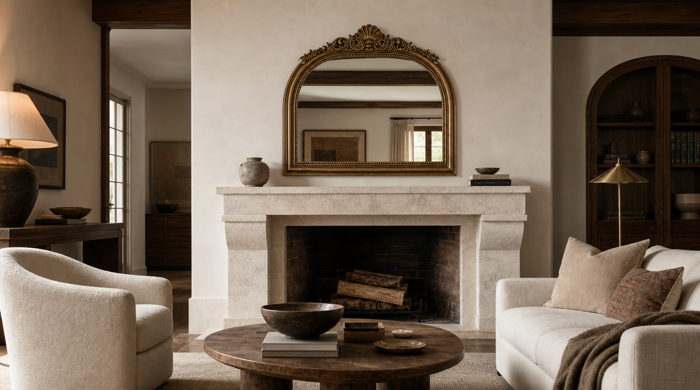 A wide arched mirror in an ornate gilt frame with a carved crest hangs above a pale limestone mantel, filling well over half the mantel's width. The mirror reflects the room's ceiling beams and a framed picture on the opposite wall.