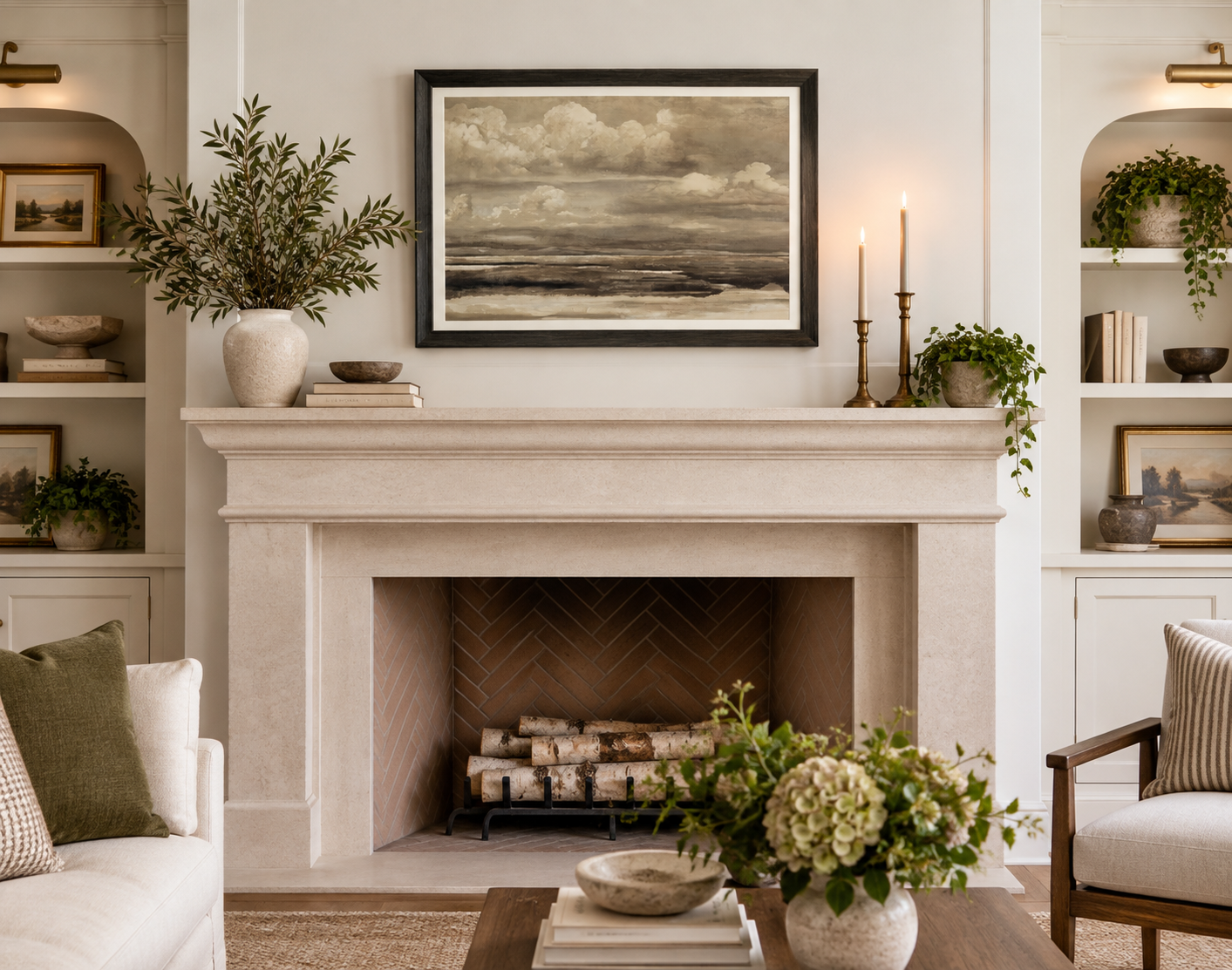 A limestone fireplace with a moody cloudscape painting in a slim black frame above the mantel, spanning a little under half the shelf's width. Olive branches in a pale urn stand at one end, with two lit brass candlesticks and a trailing plant at the other.