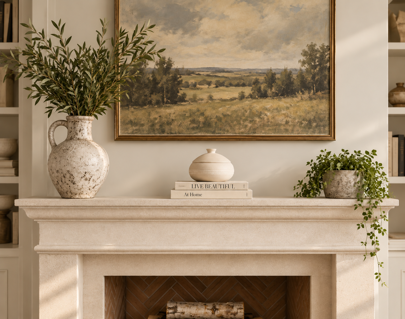 A close view of a limestone mantel: a tall handled stoneware jar of olive branches on the left, a low round lidded stone vessel resting on two stacked books in the centre, and a trailing plant in a speckled pot cascading over the right edge.