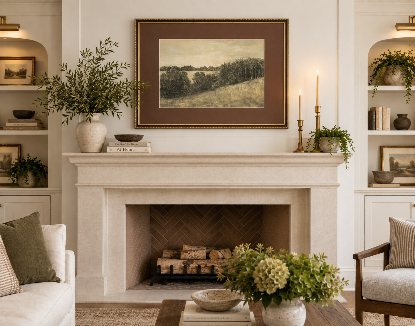 The same limestone fireplace with a larger framed landscape above it, a wooded hillside in a gilt frame with a deep brown mat, filling noticeably more of the wall than the narrower piece. A small bowl and a low stack of books sit on the mantel beneath it.