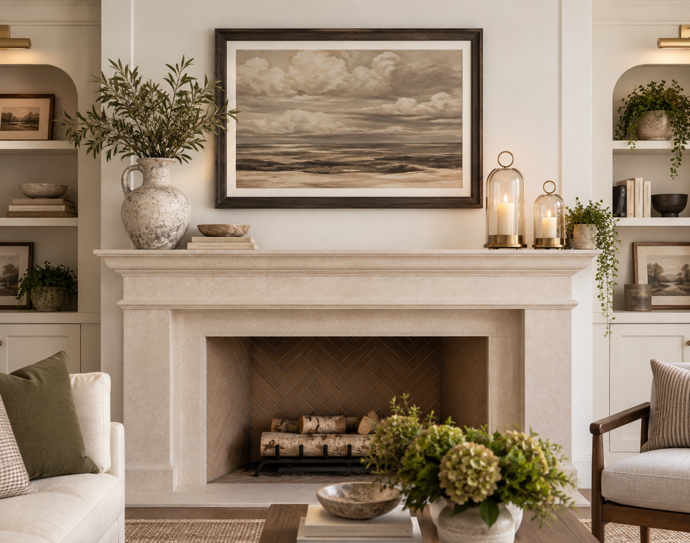 A limestone mantel styled with a large handled stoneware jar of olive branches at one end and two glass cloche lanterns of different heights, each holding a lit candle, grouped together at the other end.