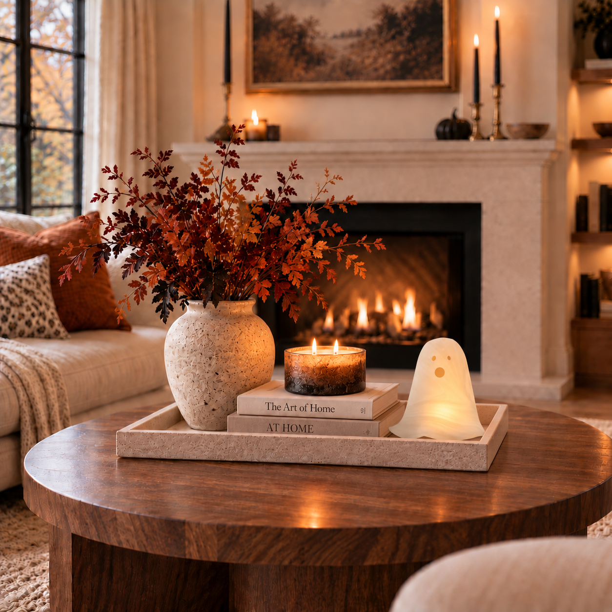 A coffee table tray with an amber glass vase, a small ghost under glass and a low candle