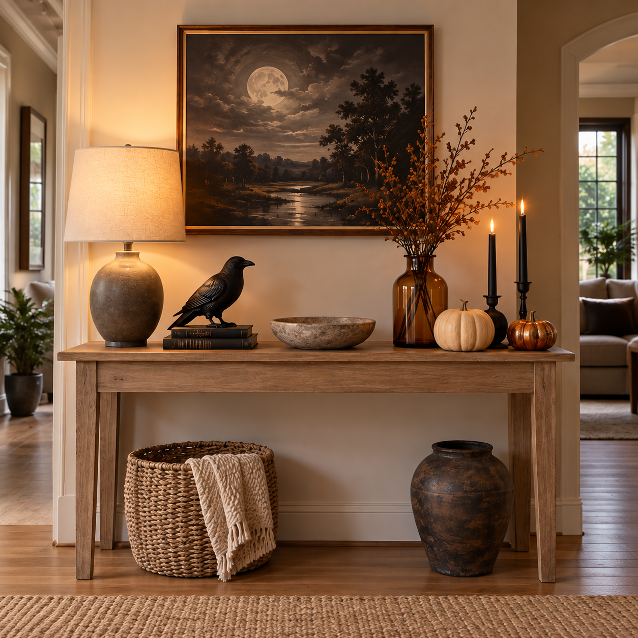 The same console with a black crow, moonlit artwork and black tapers added to the fall foundation