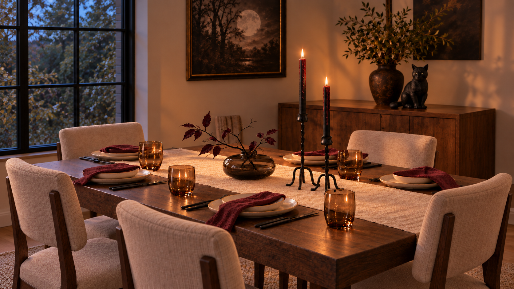 A dining table with a low centerpiece of repeated pumpkin shapes and tapers at the ends